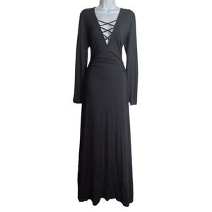 POETIC JUSTICE Criss Cross Lace Up V Neck Long Sleeve Black Maxi Dress Small NWT